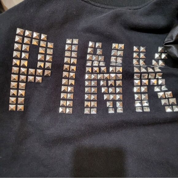 Victoria's Secret PINK Black Varsity Jacet Silver Stud Faux Leather Sleeve Sz S - Picture 8 of 13